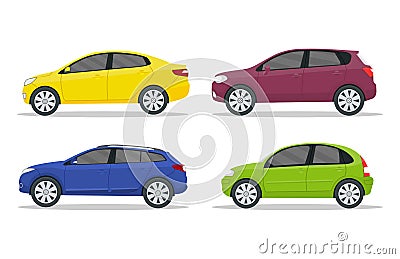 Flat car in side view for race. Cartoon vehicle collection on isolated background. Sport jeep, sedan, universal for family trip. Vector Illustration