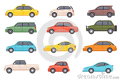 Flat cars. Cartoon vehicle side view. Taxi, minivan, mini car, suv and pickup truck. City auto transport icons Vector Illustration