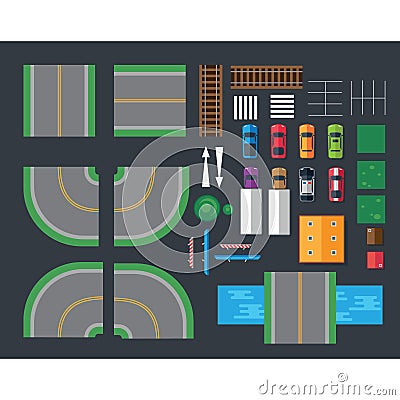 Flat cars and different things for cars. Top view Vector Illustration