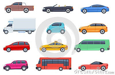 Flat cars set. Taxi and minivan, cabriolet and pickup. Bus and suv, truck. Urban, city cars and vehicles transport Vector Illustration