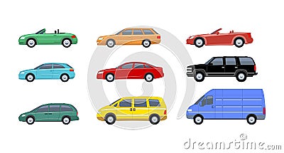 Flat cars set. Taxi and minivan, cabriolet and pickup. Bus and suv, truck. Urban, city cars and vehicles transport vector flat Vector Illustration