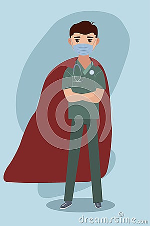 Flat cartoon art with doctor in face mask and superhero cloak for medical design. Vector Illustration