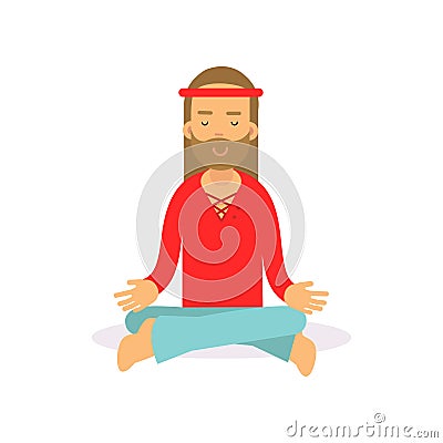 Flat cartoon bearded man hippie sitting in lotus pose, meditating. Male with long hair dressed in woodstock sixties Vector Illustration