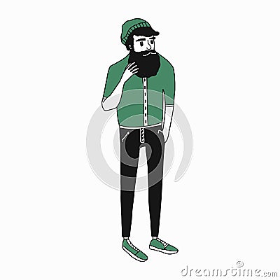 Flat cartoon beatnik character, vector illustration of a man with a well-groomed beard and a knitted hat in jeans and sneakers Cartoon Illustration