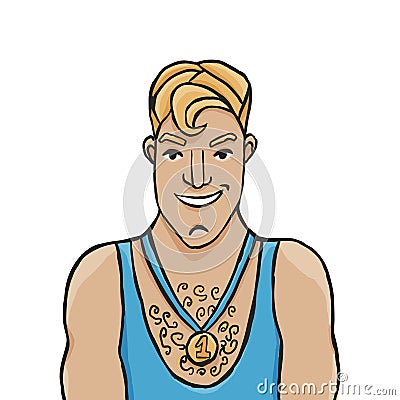 Flat cartoon blondy sportsman with a golden Medal Vector Illustration