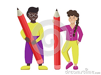 Vector flat cartoon busy characters students standing with big pencils. Education, learning, writing, planning concept Vector Illustration