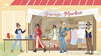 Flat cartoon characters shopping at garage market,vector illustration concept Vector Illustration