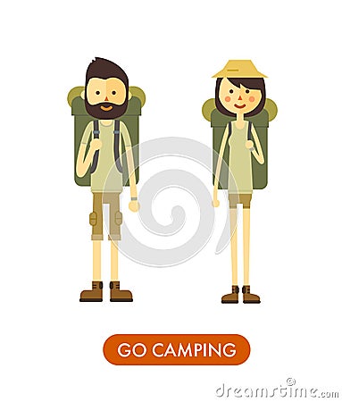 Flat cartoon couple with hiking equipment isolated Vector Illustration