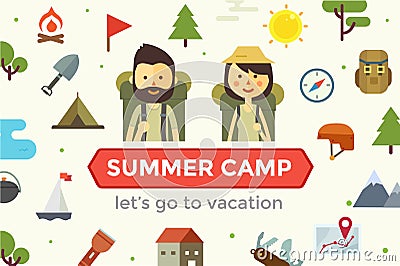 Flat cartoon couple with hiking equipment isolated Vector Illustration