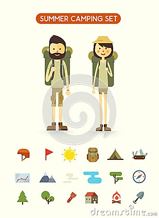 Flat cartoon couple with hiking equipment isolated Vector Illustration