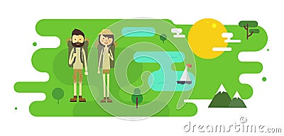 Flat cartoon couple with hiking equipment Vector Illustration