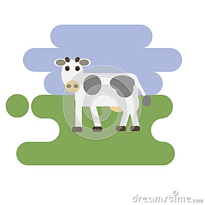 Flat cartoon cow icon on blue and green background Vector Illustration