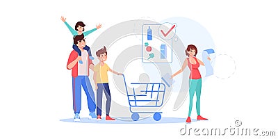 Flat cartoon family characters buy goods with grocery shopping list,vector illustration concept Vector Illustration