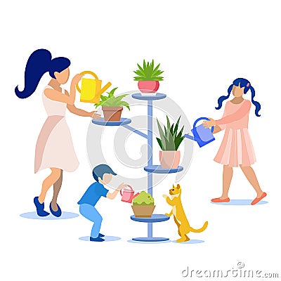 Flat Family Taking Care for Houseplants Together Vector Illustration