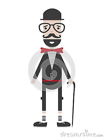 Flat cartoon hipster character gentleman with stick vector illustration Vector Illustration