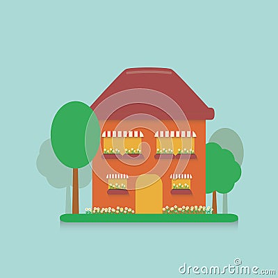Flat cartoon house in the suburbs with a small plot planted with flowers, daisies and planted trees Vector Illustration