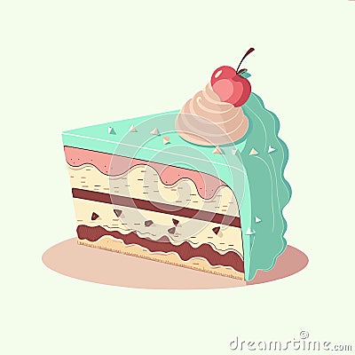 Flat cartoon illustration of cute beautiful piece of cake in pastel colors Vector Illustration
