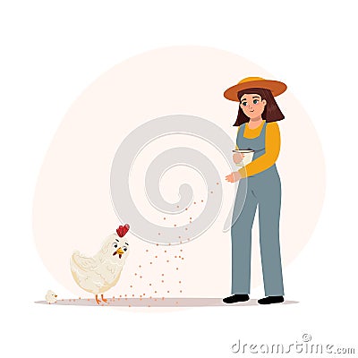 Happy young woman feeding a hen and the baby chick. Vector Illustration