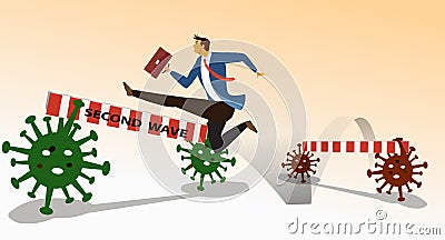 Flat cartoon image of business man in blue suit jumping a barrier second wave, crisis COVID-19 Coronavirus that affect the global Vector Illustration