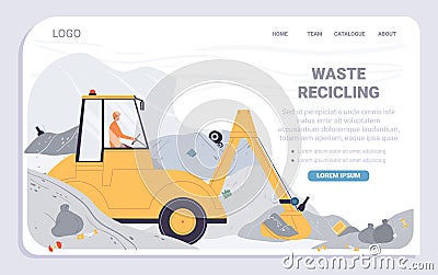 Flat cartoon industrial workers characters at garbage disposal recycling work,landing page vector illustration concept Vector Illustration