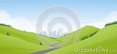 Vector illustration: Flat cartoon Landscape with road leading through the hills to the city or metropolis Vector Illustration