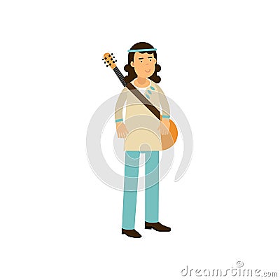 Flat cartoon man hippie with guitar. Carefree male with long hair dressed in classic woodstock sixties hippy subculture Vector Illustration