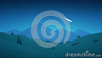 Flat cartoon Night Mountains landscape with hills, stars and meteor on the sky. Vector Illustration