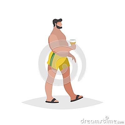 Flat cartoon overweight chubby man on the beach. Wearing yellow shorts and black flip flops, holding beer. Trendy style vector il Vector Illustration