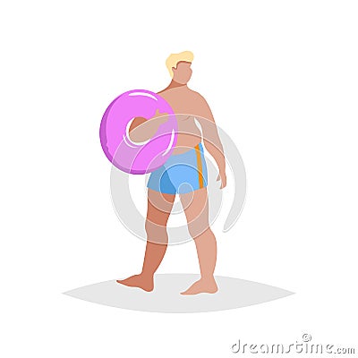 Flat cartoon overweight chubby young man on the beach. Wearing blue shorts, holding pink rubber ring. Trendy style vector illustra Vector Illustration