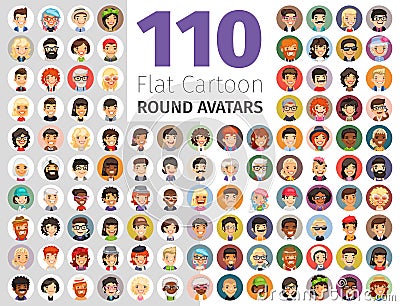 Flat Cartoon Round Avatars Big Collection Vector Illustration