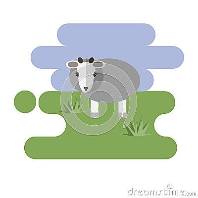 Flat cartoon sheep icon on blue and green background Vector Illustration