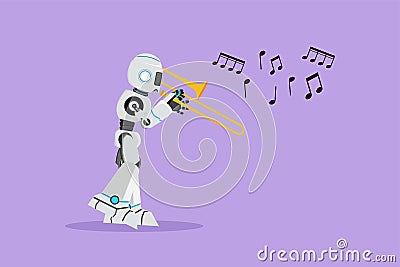 Flat cartoon style drawing robot character play trombone wind instrument at classic music event. Humanoid robot cybernetic Cartoon Illustration