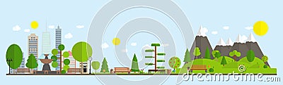 Flat cartoon style illustration of urban landscape street skyline city office buildings and Parks with trees. Vector Vector Illustration