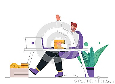 Flat cartoon vector illustration of a young businessman sitting, relaxing and making money passively. Finance, investment, wealth Stock Photo