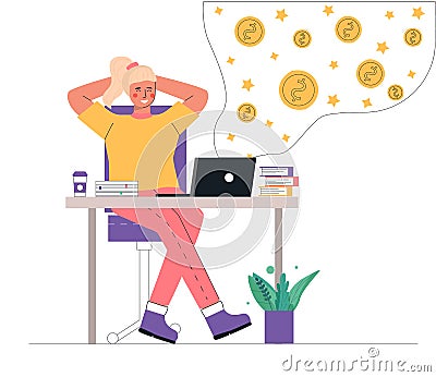 Flat cartoon vector illustration of a young businesswoman sitting, relaxing and making money passively. Finance, investment, Stock Photo