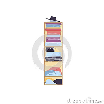 Flat cartoon wardrobe shelves with different clothes and hats,furniture and interior elements vector illustration Vector Illustration