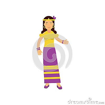 Flat cartoon woman hippie. Happy and carefree female with long brown hair, dressed in long purple skirt and yellow t Vector Illustration