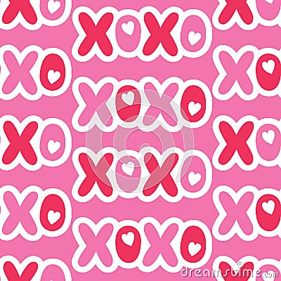 Flat Cartoonish Valentine`s Day Typography vector seamless pattern. Patch Hearts and Words. Love. XOXO Vector Illustration