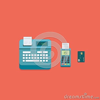 Supermarket pos payment terminal Illustration. Flat cash register, pos payment terminal and credit card Vector Illustration