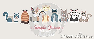 Flat cats family isolated vector set. Long banner cartoon illustration domestic cats Vector Illustration