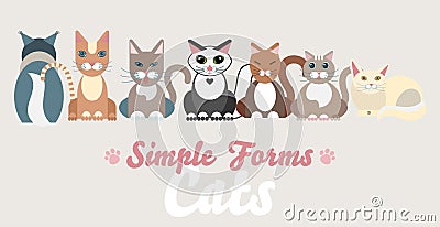 Flat cats family isolated vector set. Long banner cartoon illustration domestic cats Vector Illustration