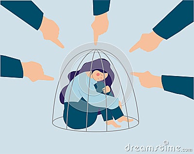 Flat character of an ashamed girl inside a cage feeling stress and depression Vector Illustration