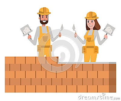 Couple of brick builder team in a yellow protective hardhat. Vector Illustration