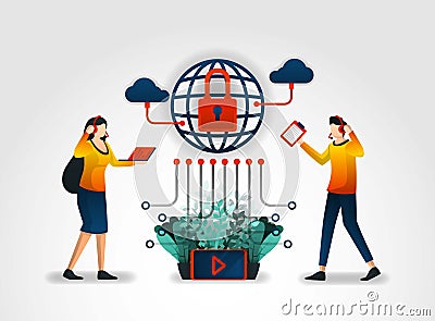 Flat character. Internet service providers provide users with customer service and security systems. assisted by security industry Vector Illustration