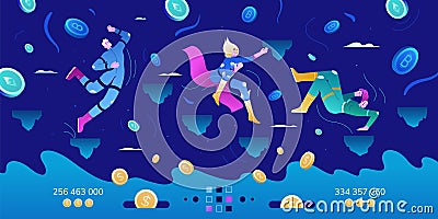 Flat characters play to earn bitcoin, cryptocurrency in metaverse, nft blockchain game Stock Photo