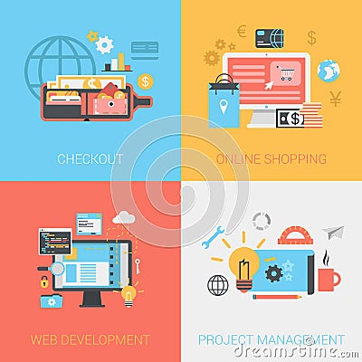 Flat checkout online shopping web develop project management set Vector Illustration