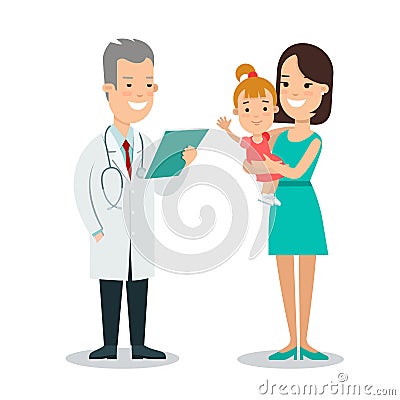 Flat children Family doctor characters. Mot Cartoon Illustration