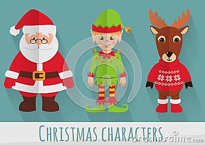 Flat Christmas characters: Santa, elf and reindeer. Vector set. Vector Illustration