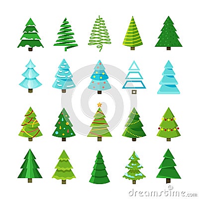 Flat christmas winter trees with festive xmas decoration vector collection Vector Illustration