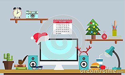 Flat Christmas workplace Web banner. Flat design illustration workspace, concepts for business, management, strategy, digital mark Cartoon Illustration